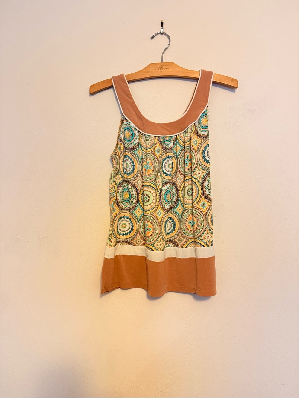 Love Printed Mosaic Tank with Tan and Cream Bands